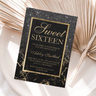 Invitation Faux black glitter gold elegant marble Sweet 16