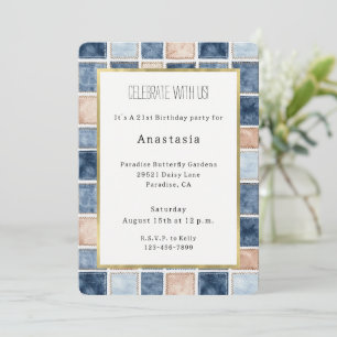 Invitation Faux Bleu Crème Denim Carrés Anniversaire