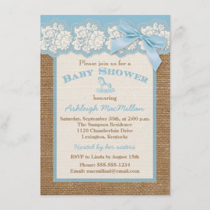 Invitation FAUX Burlap Dentelle d'ivoire, Baby shower bleu In