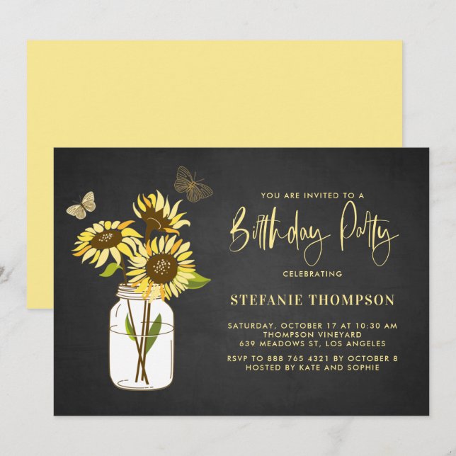 Invitation Faux Chalkboard Yellow Sunflowers Fête d'anniversa (Devant / Derrière)