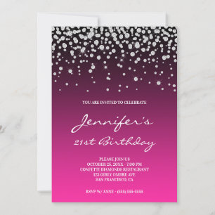 Invitation Faux Diamonds noir rose Gradient 21e anniversaire