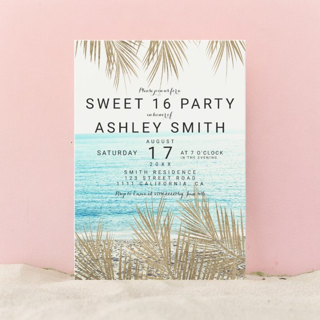Invitation Faux d'or photo de plage de palmier Sweet 16 (Modern faux gold palm tree beach photo Sweet 16 Invitation)