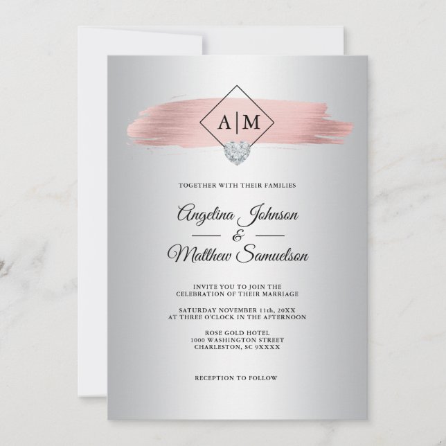 Invitation Faux Dusty Rose Gold Foil Silver Monogram Mariage (Devant)