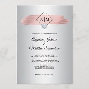 Invitation Faux Dusty Rose Gold Foil Silver Monogram Mariage