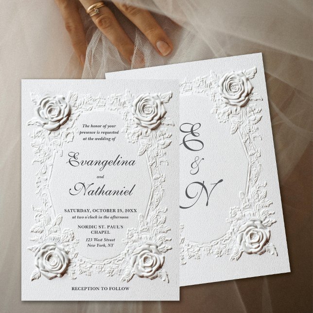 Invitation  Faux Embossed Roses Elegant Script Formal Wedding (Créateur téléchargé)