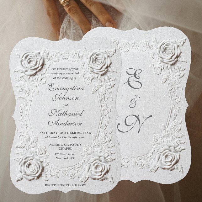 Invitation  Faux Embossed Roses Script Elegant Formal Wedding (Créateur téléchargé)