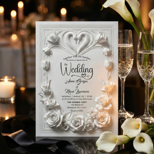 Invitation Faux Embossed White Floral Relief Monogram Wedding (Créateur téléchargé)