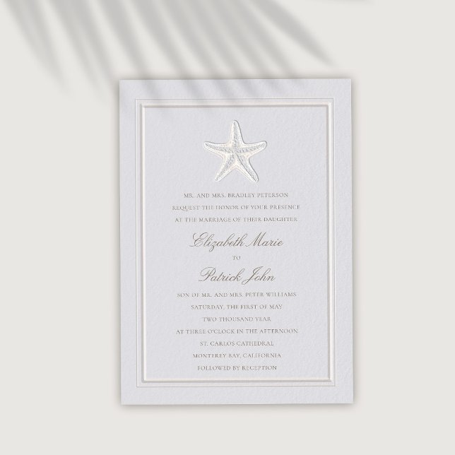 Invitation Faux Embossés Mariage officiel de la côte de la St (coastal wedding invitation modern classic formal traditional frame faux embossed starfish)