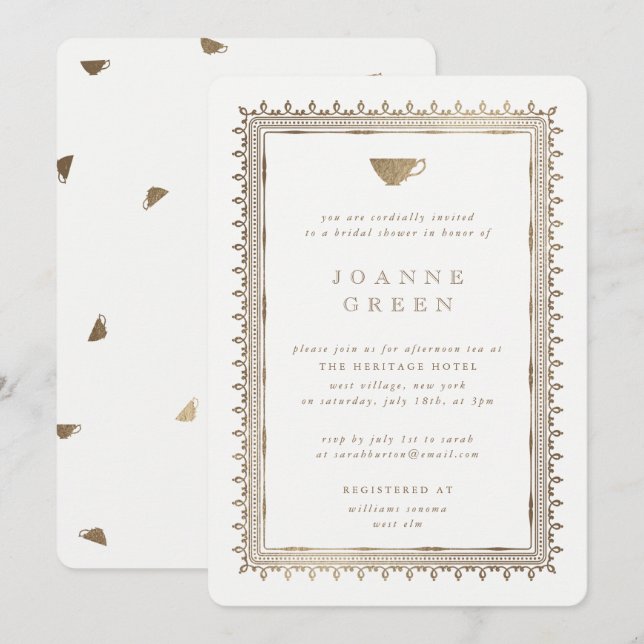 Invitation Faux Gold Afnoon Tea Bridal/Wedding shower (Devant / Derrière)