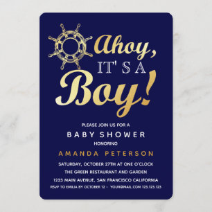 Invitation Faux Gold Ahoy c'est un baby shower nautique garço
