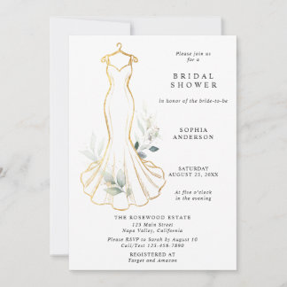 Invitation Faux Gold and Greenery Wedding Dress Bridal Shower