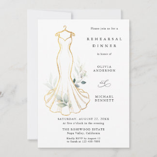 Invitation Faux Gold and Greenery Wedding Dress Rehearsal Din