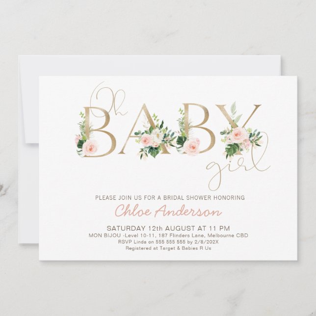 Invitation Faux Gold Baby Floral Oh Girl Baby shower (Devant)