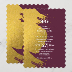 Invitation Faux Gold Brushstrokies & Bourgogne avec Monogram