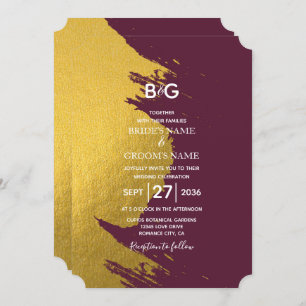 Invitation Faux Gold Brushstrokies & Bourgogne avec Monogramm