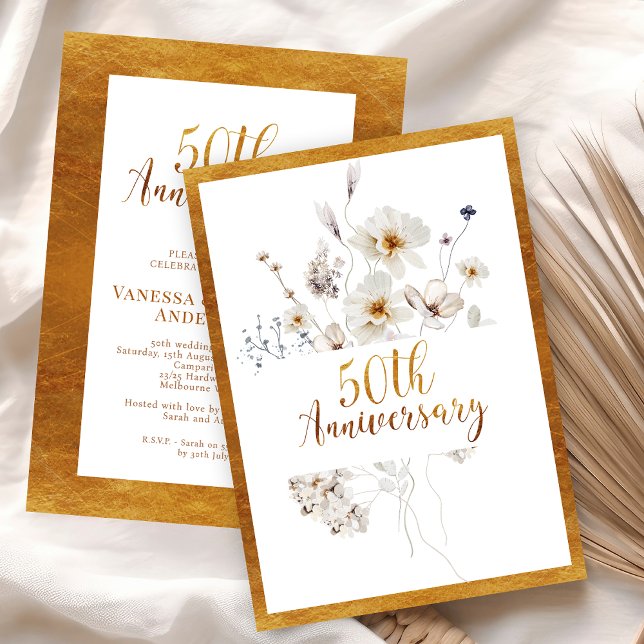 Invitation Faux Gold Calligraphie Floral 50e anniversaire (Golden 50th Anniversary Invitation Faux Gold Calligraphy, Floral 50th Anniversary Invitation,  )