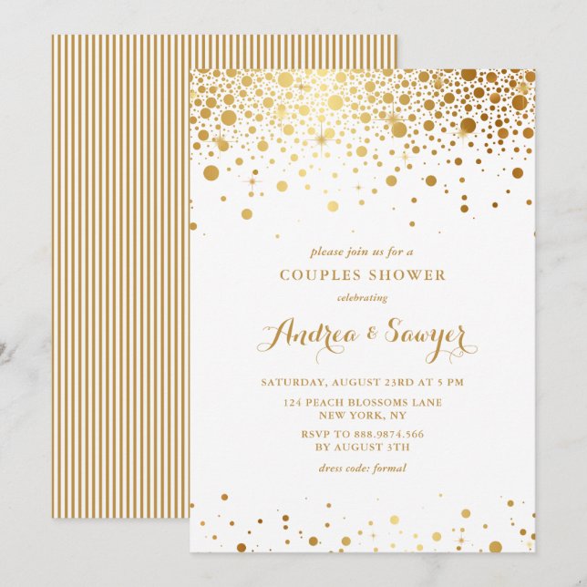Invitation Faux Gold Confetti Dots Couples Douche (Devant / Derrière)