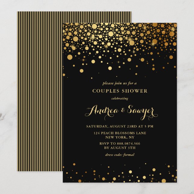 Invitation Faux Gold Confetti Dots Couples Noir Douche (Devant / Derrière)