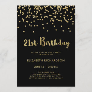 Invitation Faux Gold Confetti en noir   Fête du 21e anniversa
