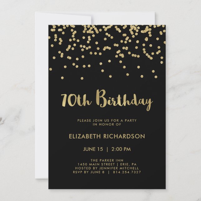 Invitation Faux Gold Confetti en noir | Fête du 70e anniversa (Devant)