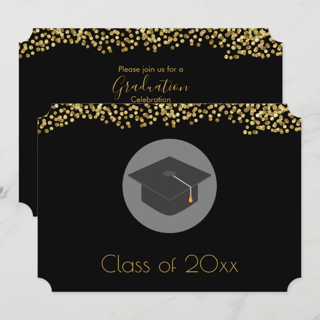 Invitation Faux Gold Confetti & Graduation Cap Classe de 20xx (Devant / Derrière)