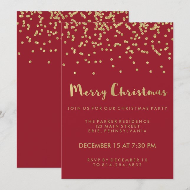 Invitation Faux Gold Confetti Red Merry Christmas Party (Devant / Derrière)