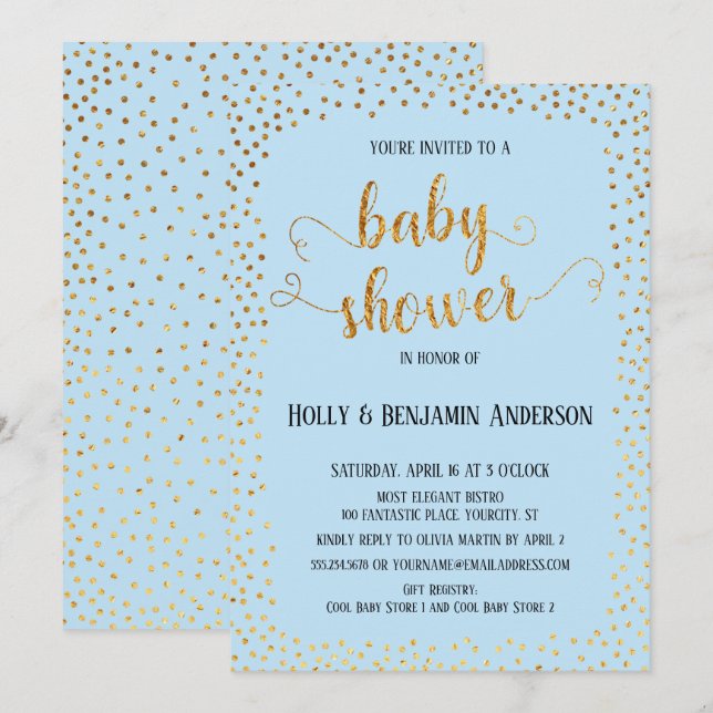 Invitation Faux Gold Confetti Typographie Baby shower bleu (Devant / Derrière)