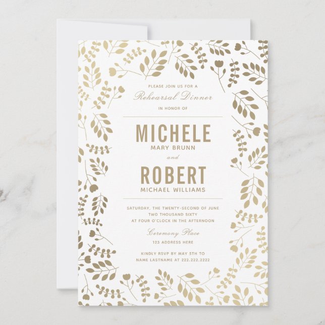 Invitation Faux Gold Elegant Floral Rehearsal Dîner Invitatio (Devant)