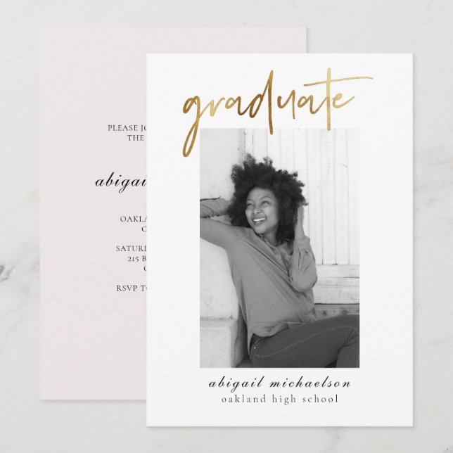 Invitation Faux Gold et Blush Photo Graduation Party (Devant / Derrière)