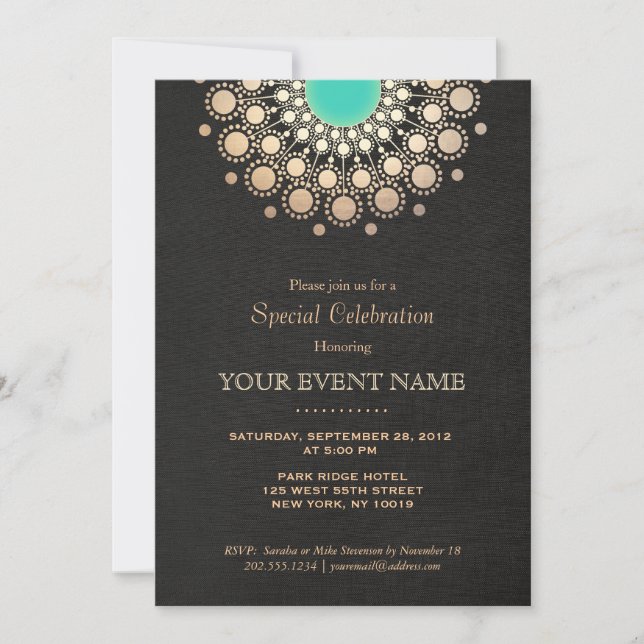 Invitation Faux Gold et Cercle Turquoise Mandala Noir (Devant)