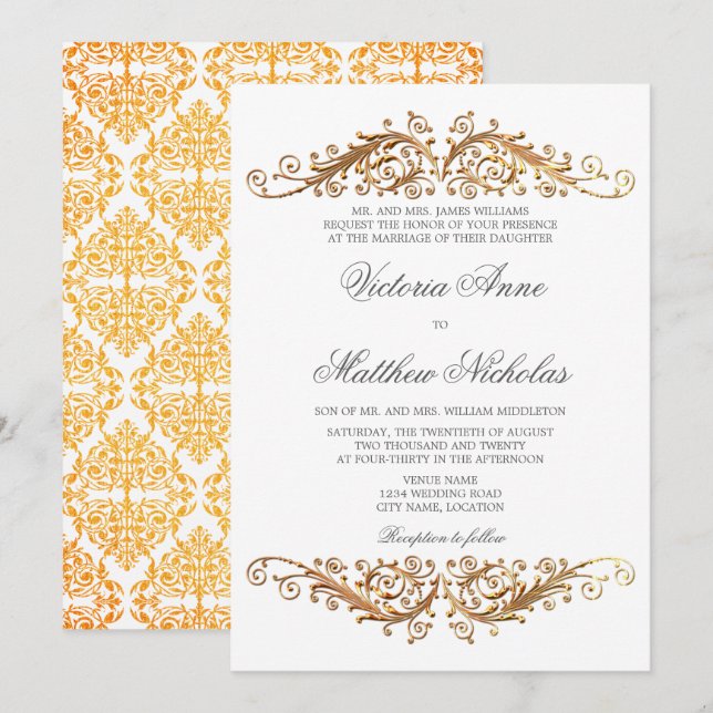 Invitation Faux Gold Flourish Damask (Devant / Derrière)