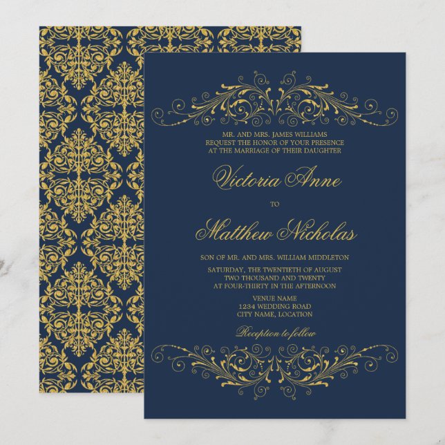 Invitation Faux Gold Flourish Damask Navy Blue (Devant / Derrière)