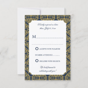 Invitation Faux Gold Flourissant Damask Navy Blue RSVP