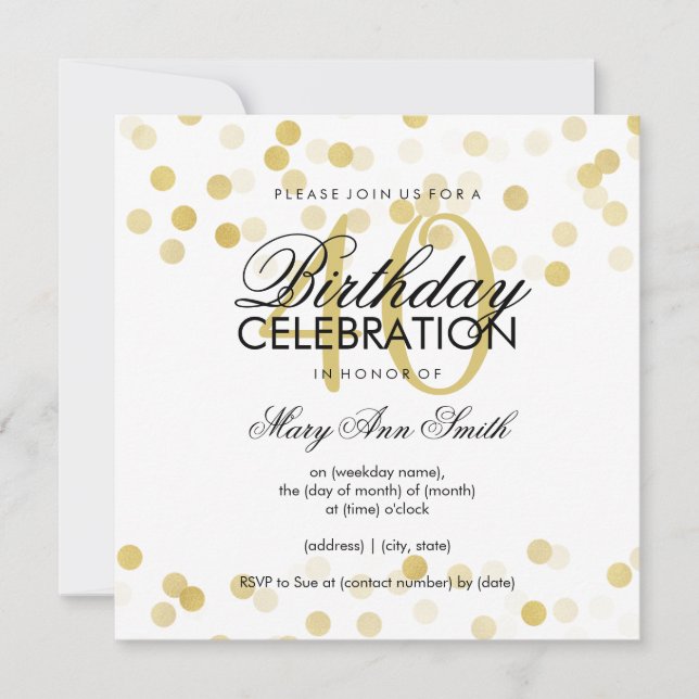 Invitation Faux Gold Foil 40th Birthday Party Lumières Partie (Devant)