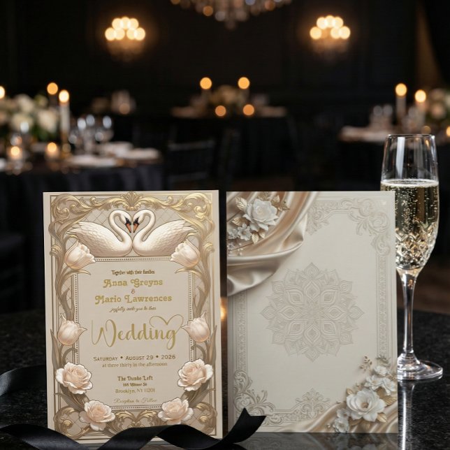 Invitation Faux Gold Foil Baroque Swans Champagne (Créateur téléchargé)