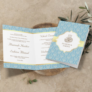 Invitation Faux Gold Foil bleu clair Damask Mariage musulman