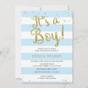 Invitation Faux Gold Foil, Blue Stripes Baby shower C'est un 
