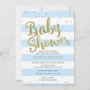 Invitation Faux Gold Foil, Blue Stripes Baby shower Garçon