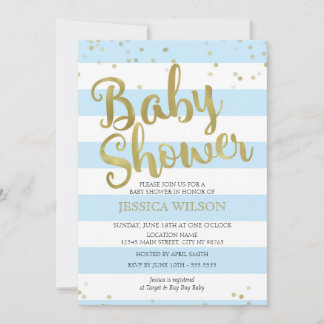 Invitation Faux Gold Foil, Blue Stripes Baby shower Garçon