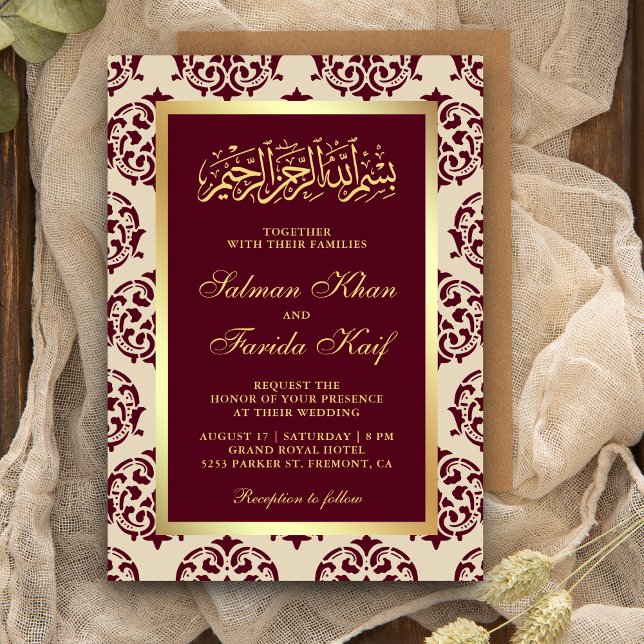 Invitation Faux Gold Foil Bourgogne Damask Mariage musulman (Créateur téléchargé)