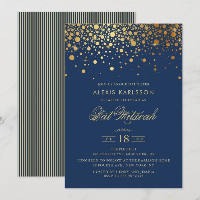 Invitation Faux Gold Foil Confetti Bat mitzvah bleu marine (Devant / Derrière)
