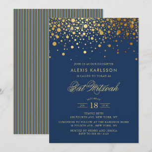 Invitation Faux Gold Foil Confetti Bat mitzvah bleu marine