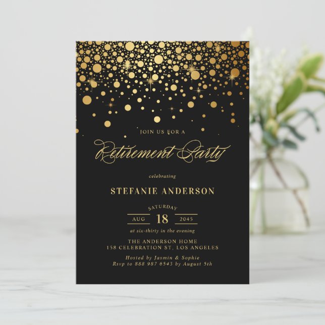 Invitation Faux Gold Foil Confetti Black Retirement Party (Debout devant)