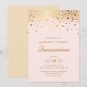 Invitation Faux Gold Foil Confetti Blush Pink Quinceañera