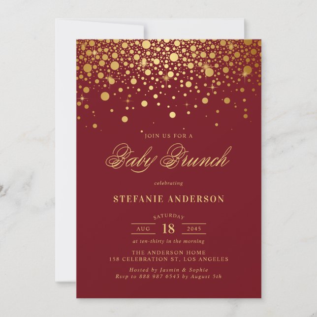 Invitation Faux Gold Foil Confetti Burgundy Baby Brunch (Devant)