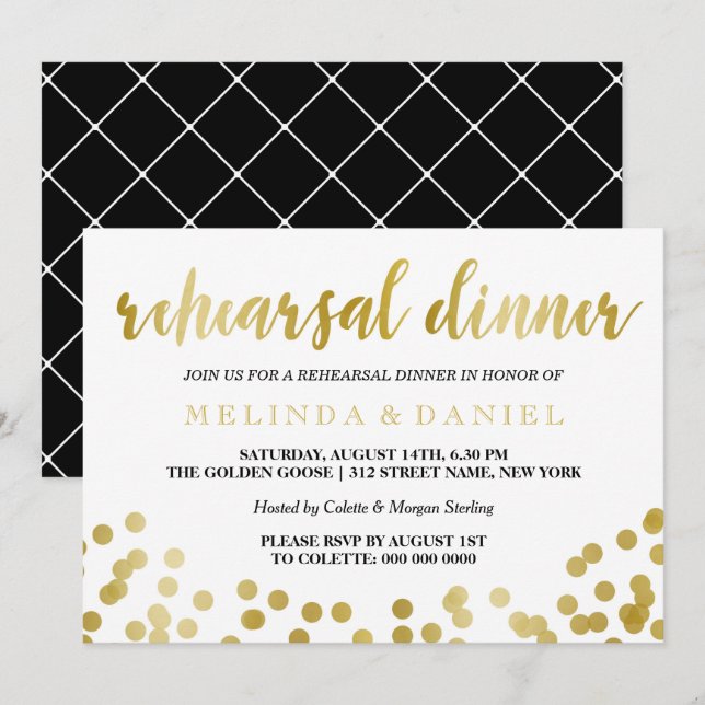 Invitation Faux Gold Foil Confetti | Dîner de répétition (Devant / Derrière)
