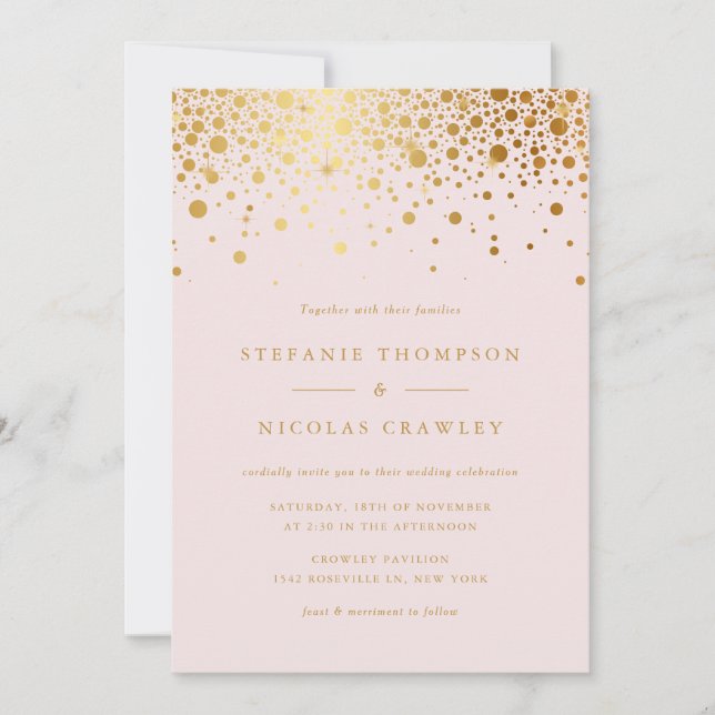 Invitation Faux Gold Foil Confetti Dots Blush Mariage (Devant)