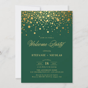 Invitation Faux Gold Foil Confetti Dots Green Welcome Party
