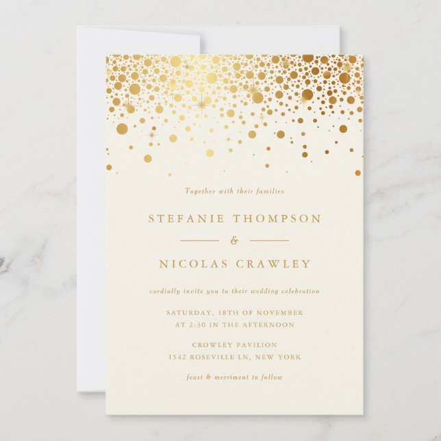 Invitation Faux Gold Foil Confetti Dots Mariage ivoire (Devant)