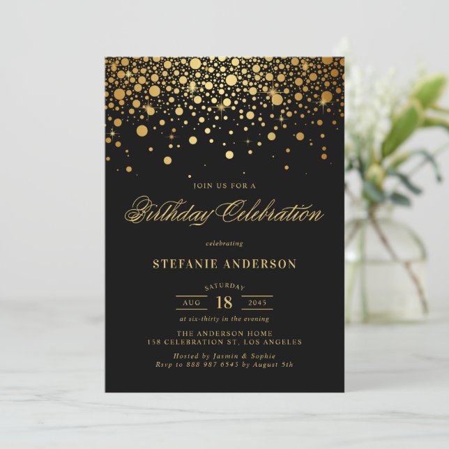 Invitation Faux Gold Foil Confetti Dots Noir Anniversaire (Debout devant)
